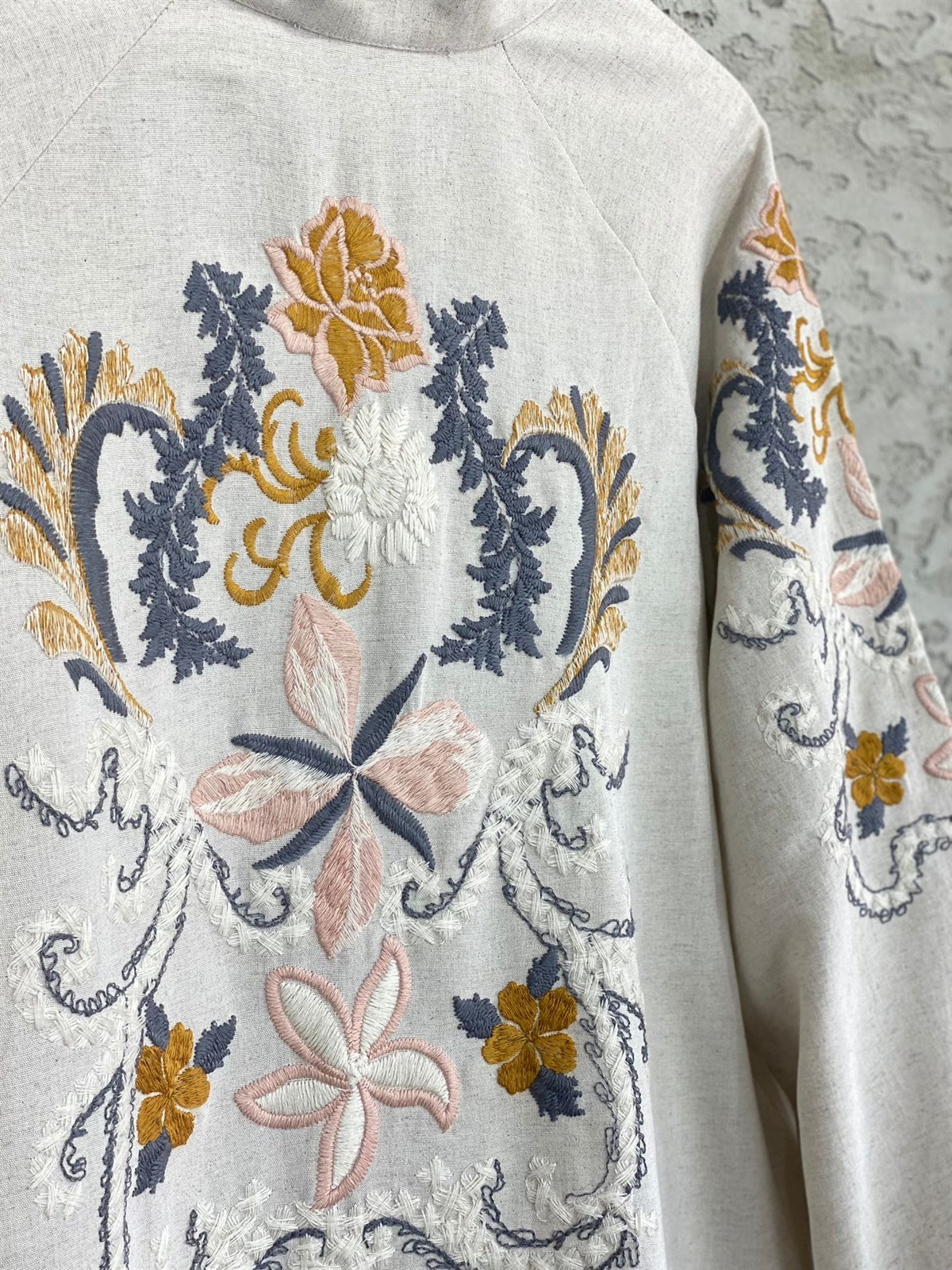 Keten Özel Nakış İşlemeli Bohem Kimono