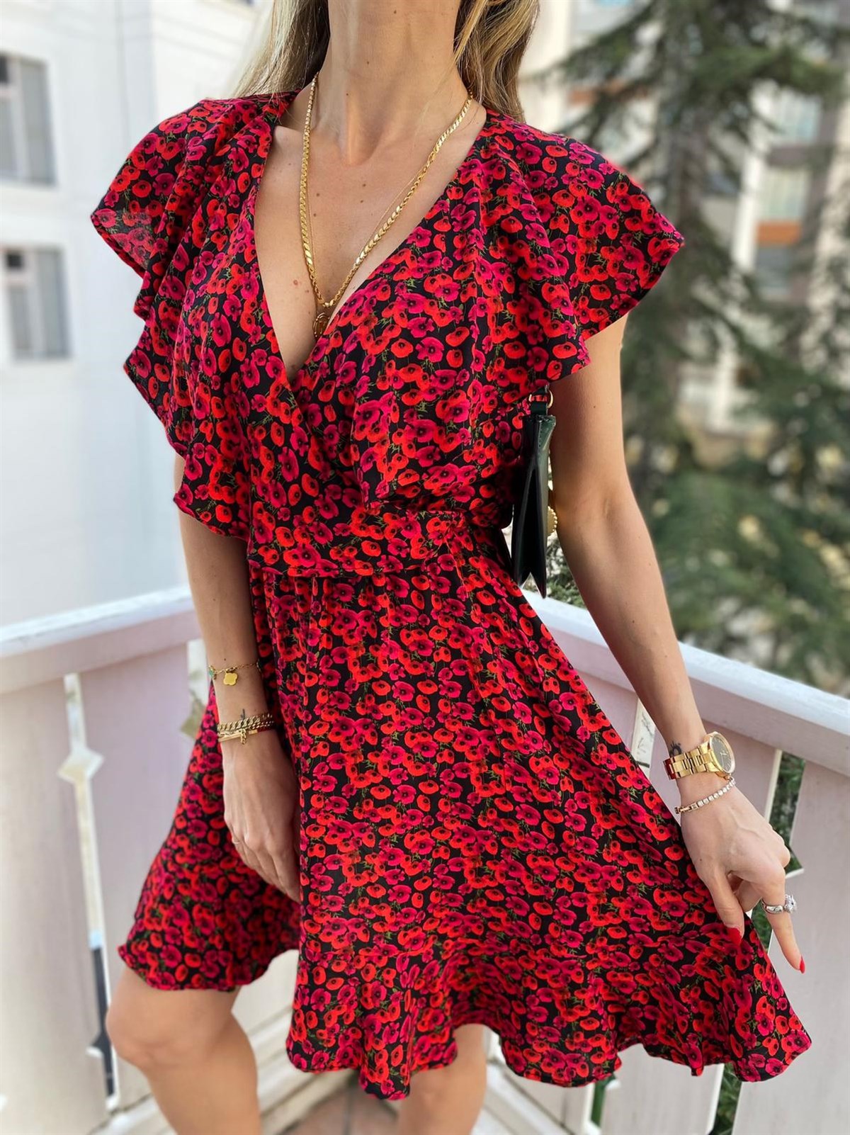 Kırmızı Mor V Yaka Kol Ve Etek Volan Detay Tasarım Flora Elbise