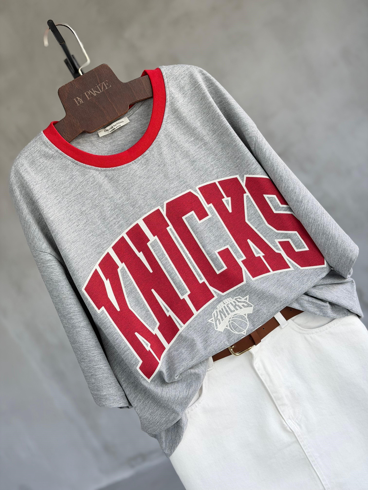 Knicks Baskılı Oversize Tişört (Gri)