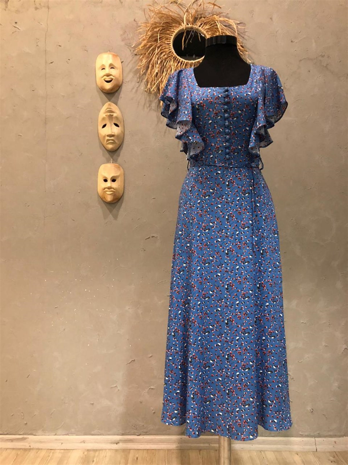 Kolları Fırfır Detaylı Romantik Elbise (MAVİ)
