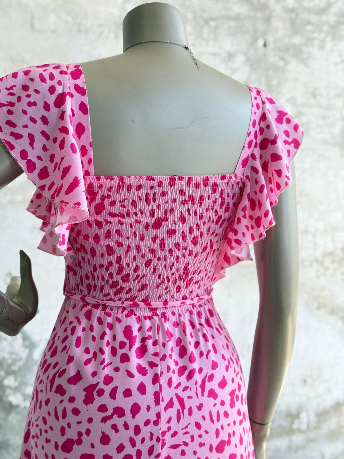Kolları Fırfırlı Benekli Prenses Elbise (Pembe)