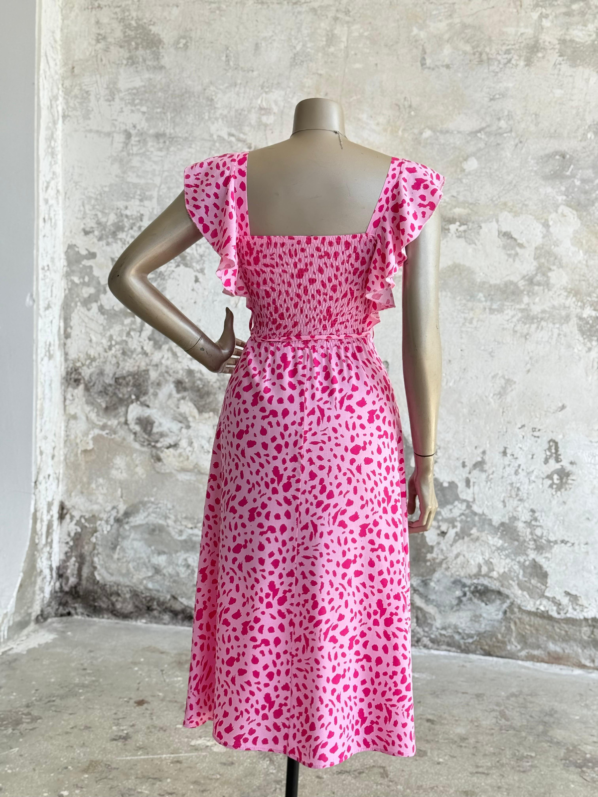 Kolları Fırfırlı Benekli Prenses Elbise (Pembe)