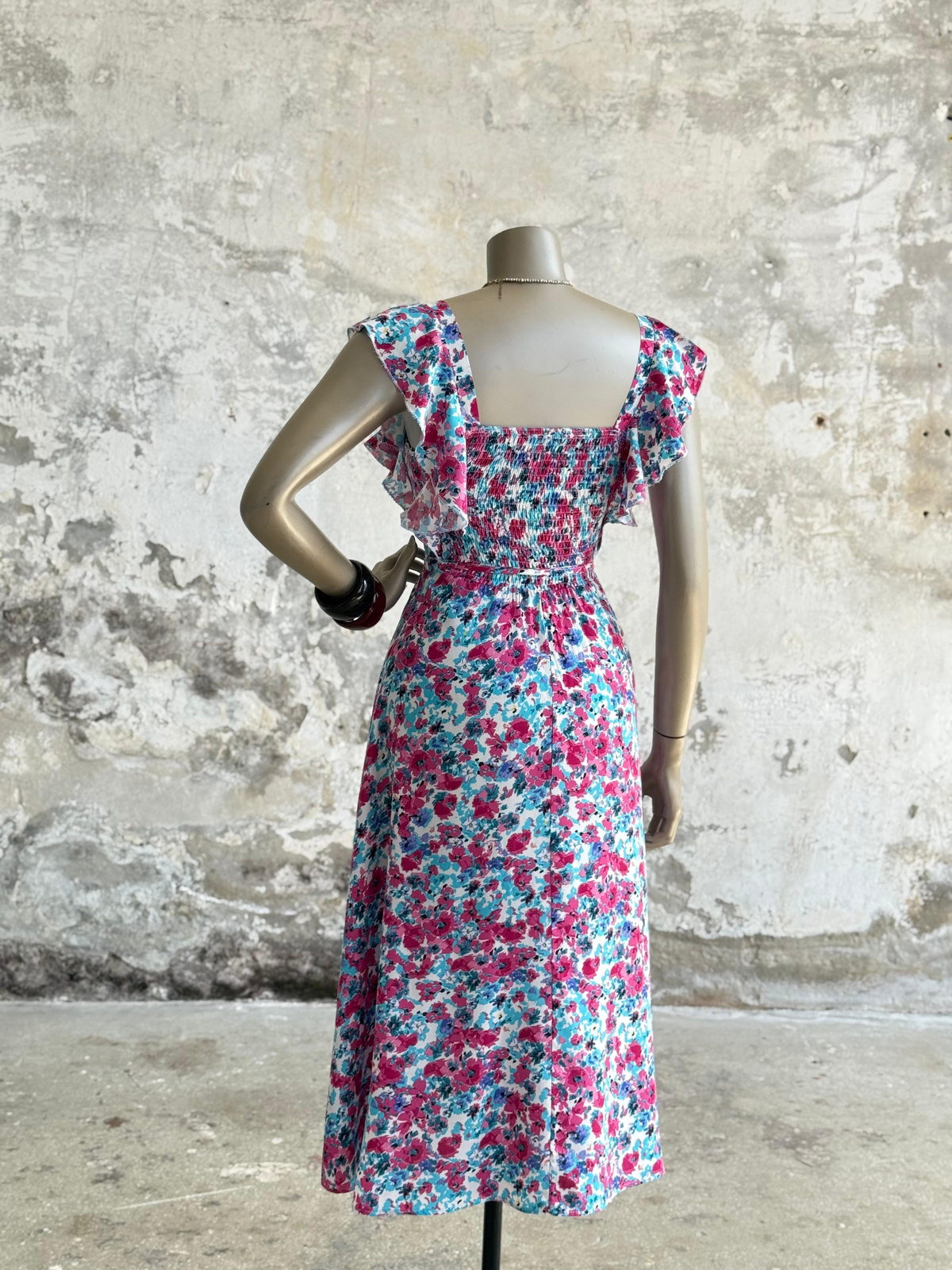 Kolları Fırfırlı Çiçekli Prenses Elbise (Pembe)