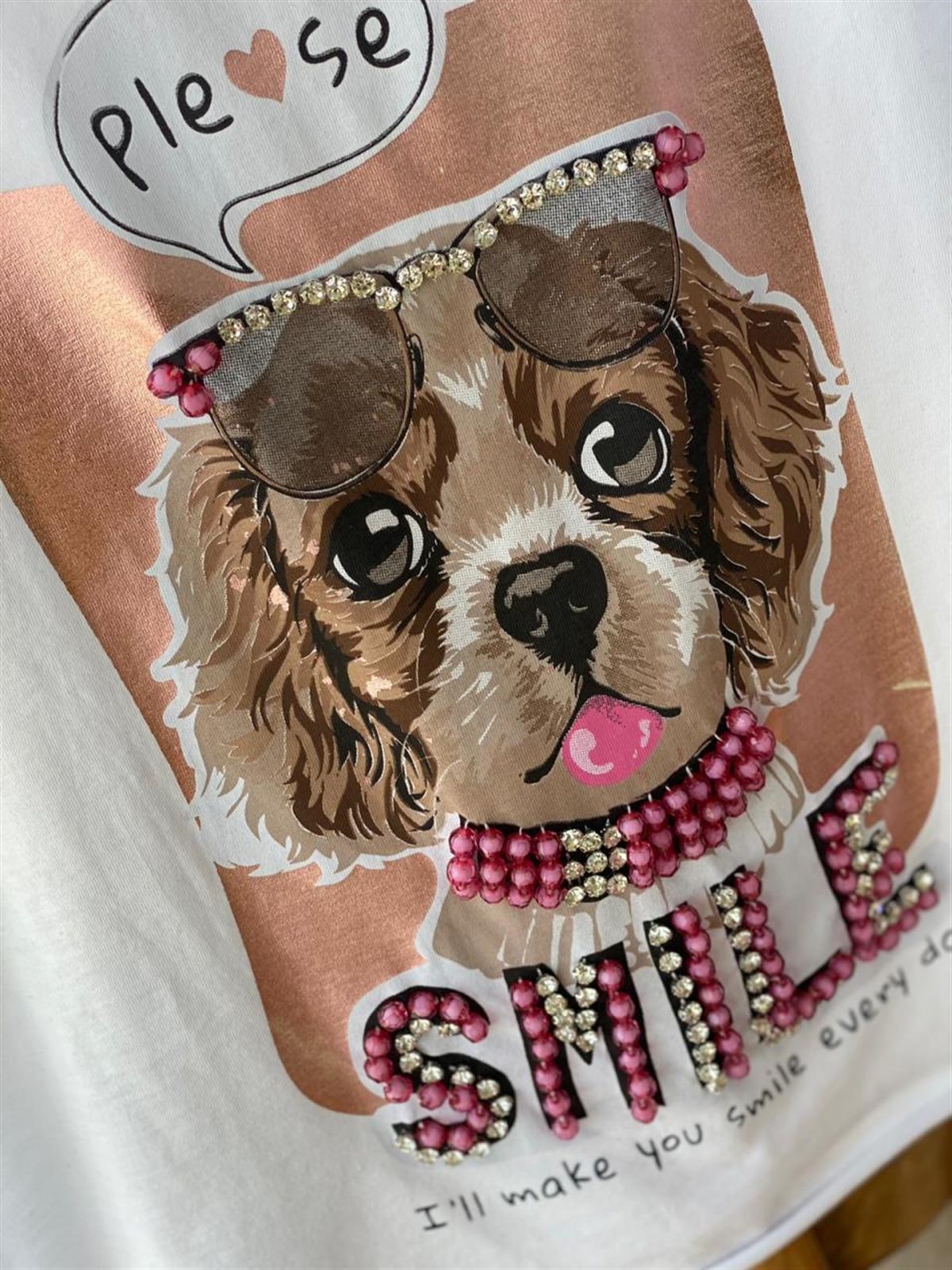 Köpek Baskılı Taş İnci Detaylı Tshirt