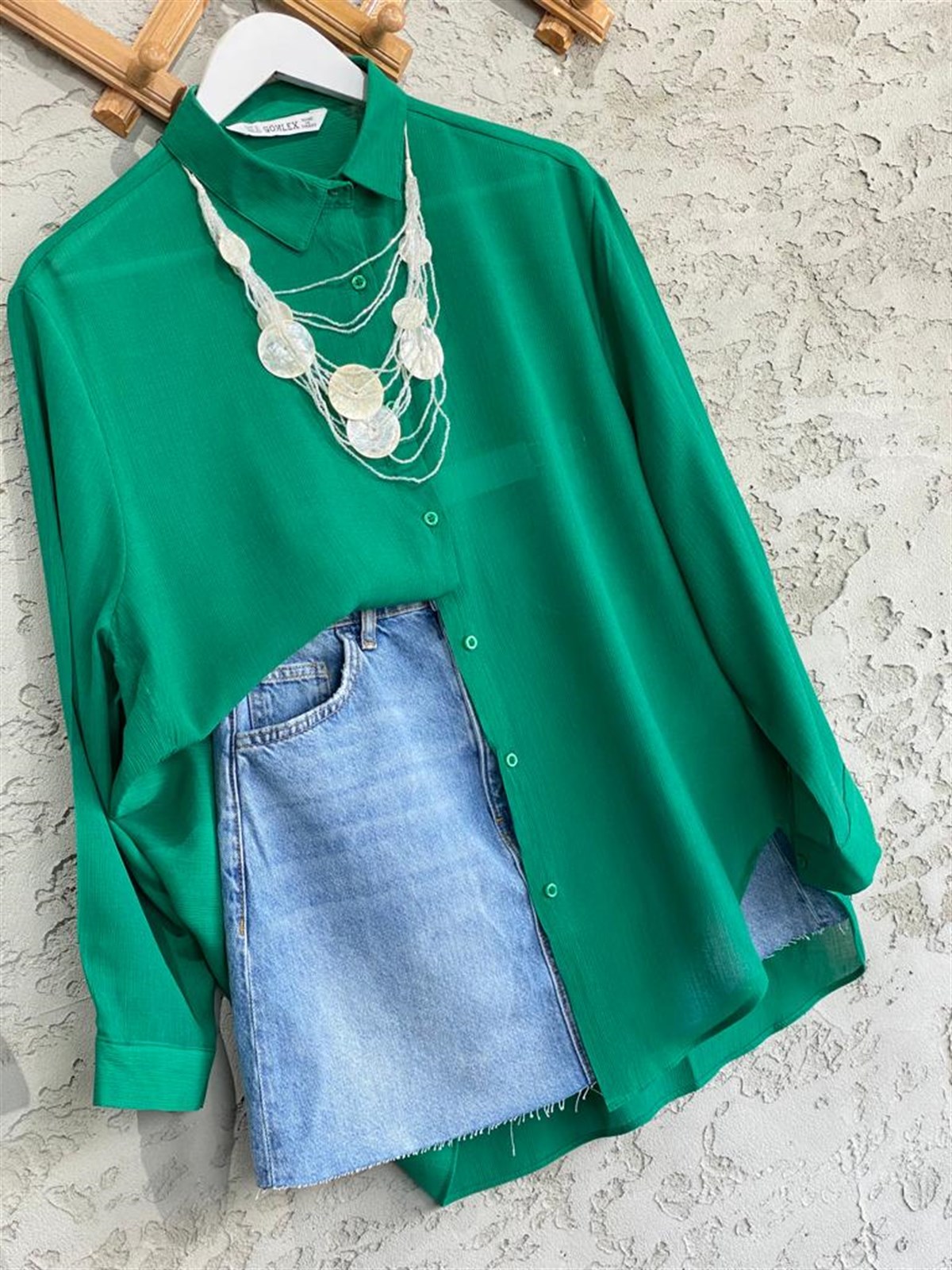 Krinkıl Doku Oversize Gömlek (Benetton Yeşil)