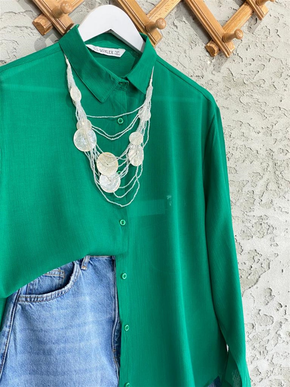 Krinkıl Doku Oversize Gömlek (Benetton Yeşil)