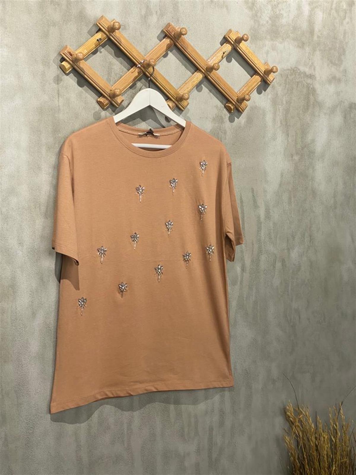 Kristal Çiçek Desen Taşlı Tişört (Camel)