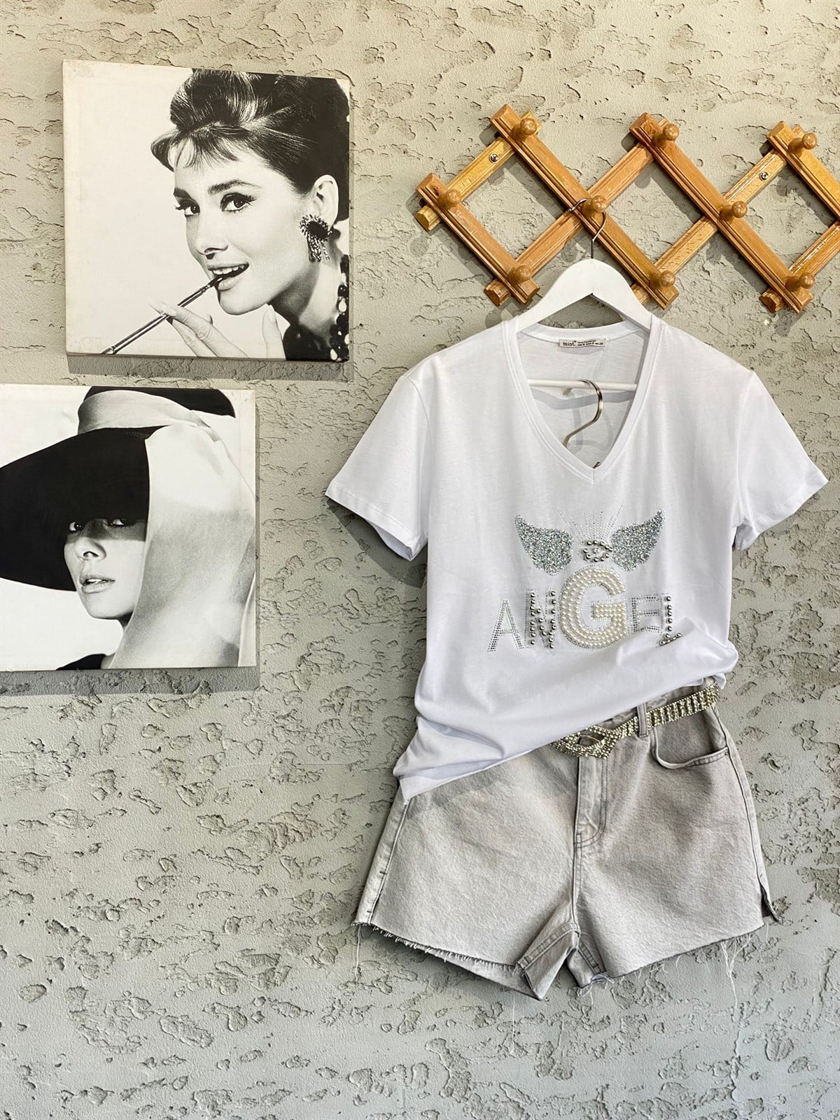 Kristal İnci İşlemeli Angel Tshirt (Siyah/Beyaz)