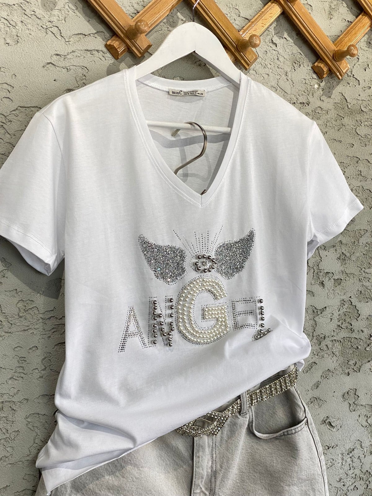 Kristal İnci İşlemeli Angel Tshirt (Siyah/Beyaz)