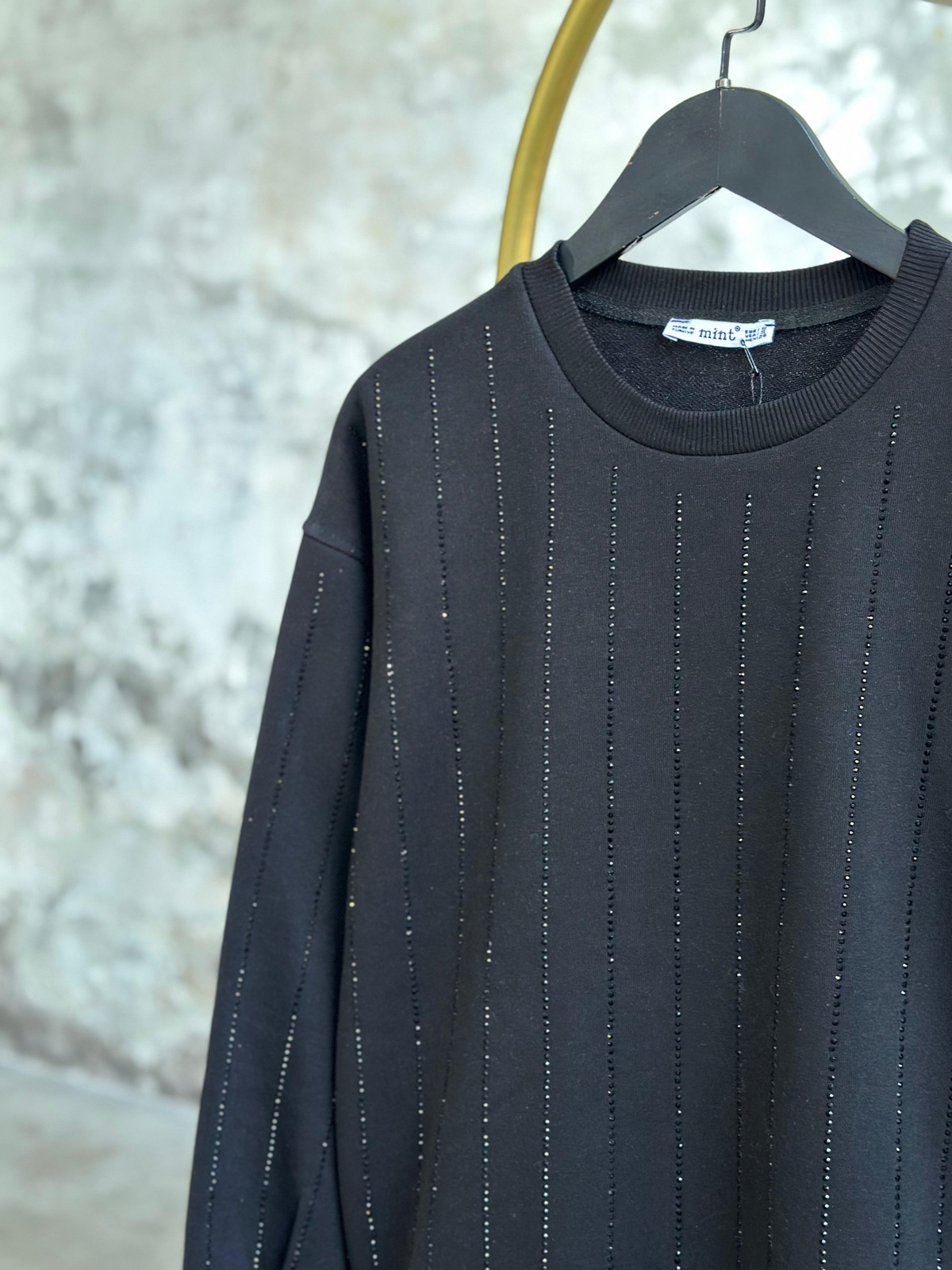 Kristal Sıra Taş İşçilikli Sweat (Siyah)