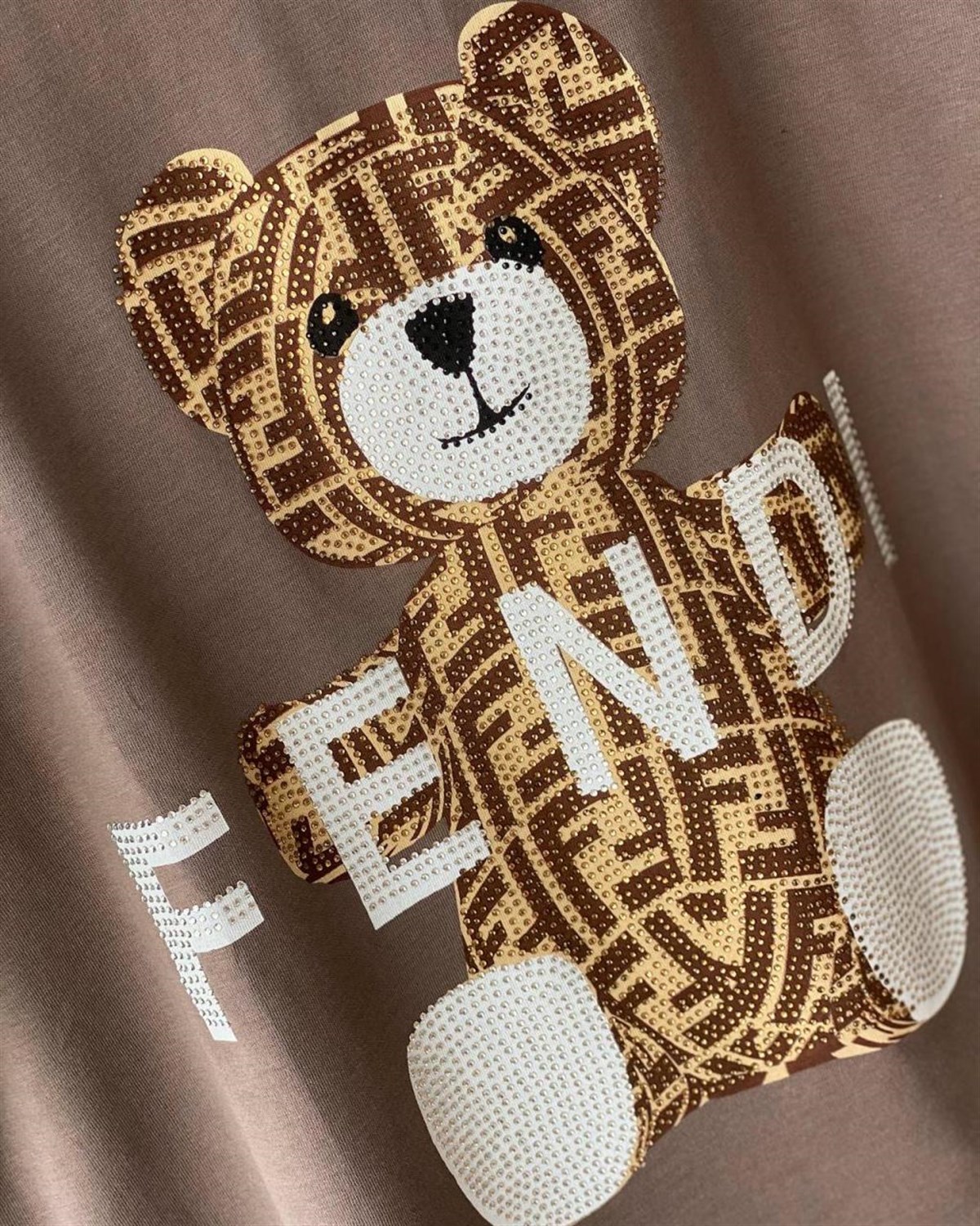 Kristal Taş İşçilikli Fendi Tshirt (KAHVE)