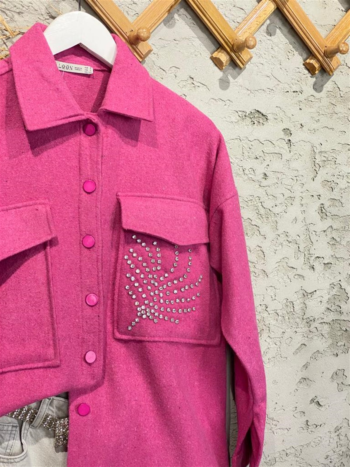 Kristal Taş İşçilikli Kaşe Gömlek (Pembe)