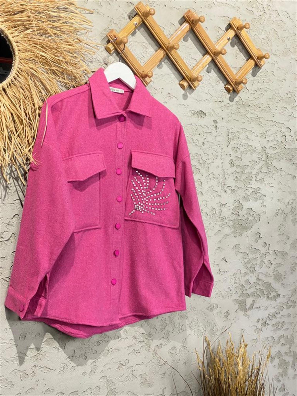 Kristal Taş İşçilikli Kaşe Gömlek (Pembe)