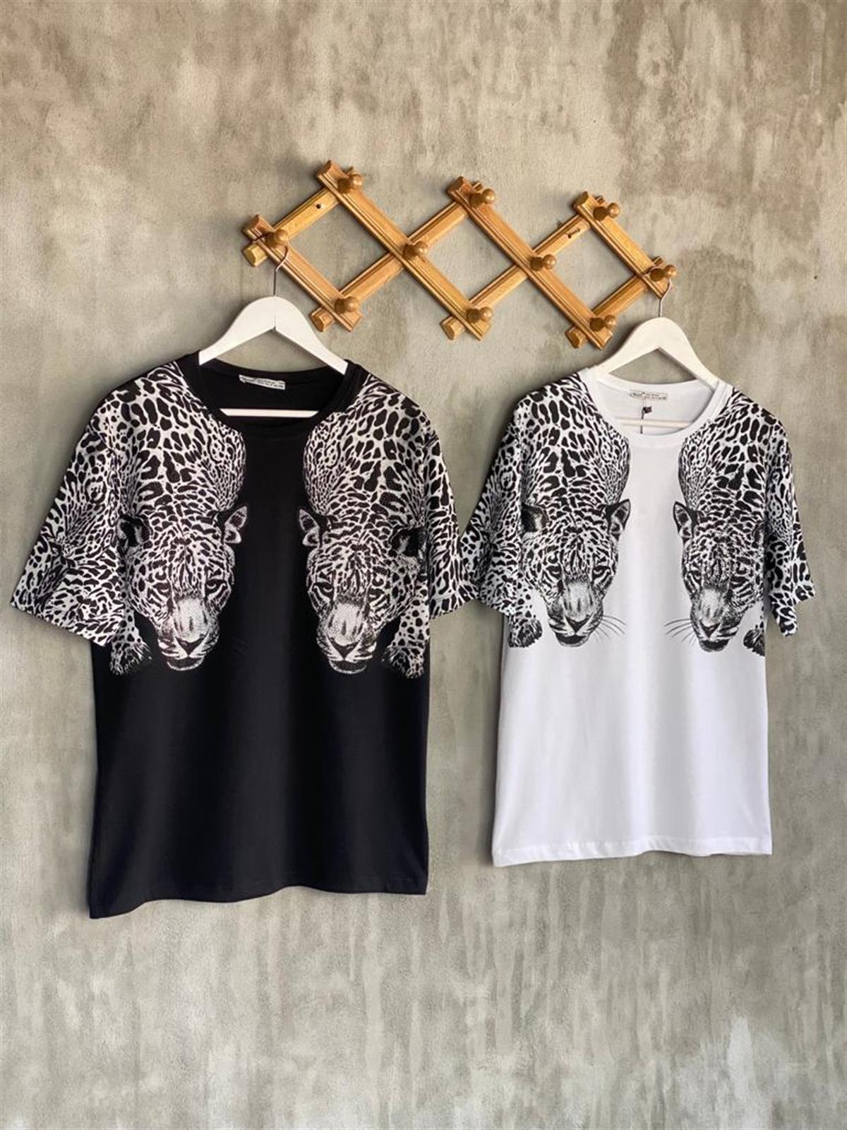 Kristal Taş İşlemeli Leopar Desen Tişört (Siyah)