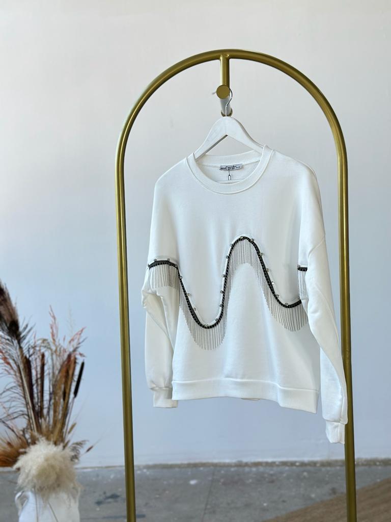 Kristal Taş ve Salkım Zincir İşçilikli Sweat (Beyaz)
