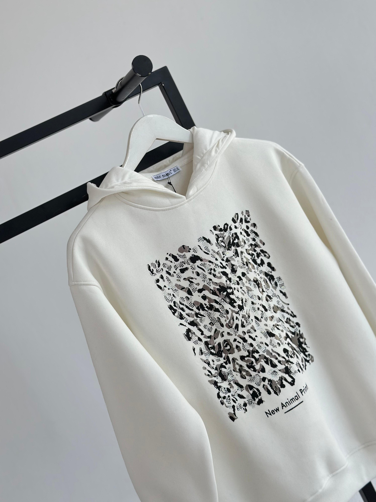 Kristal Taş Ve Varak Baskılı Kapüşonlu Sweat (Beyaz)