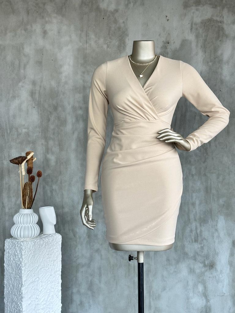 Kruvaze Yaka Ambolog Model Elbise (Bej)