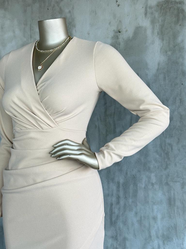 Kruvaze Yaka Ambolog Model Elbise (Bej)