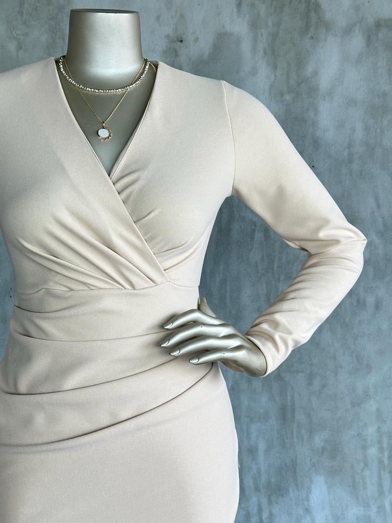 Kruvaze Yaka Ambolog Model Elbise (Bej)