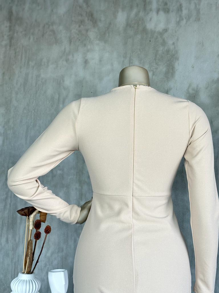 Kruvaze Yaka Ambolog Model Elbise (Bej)