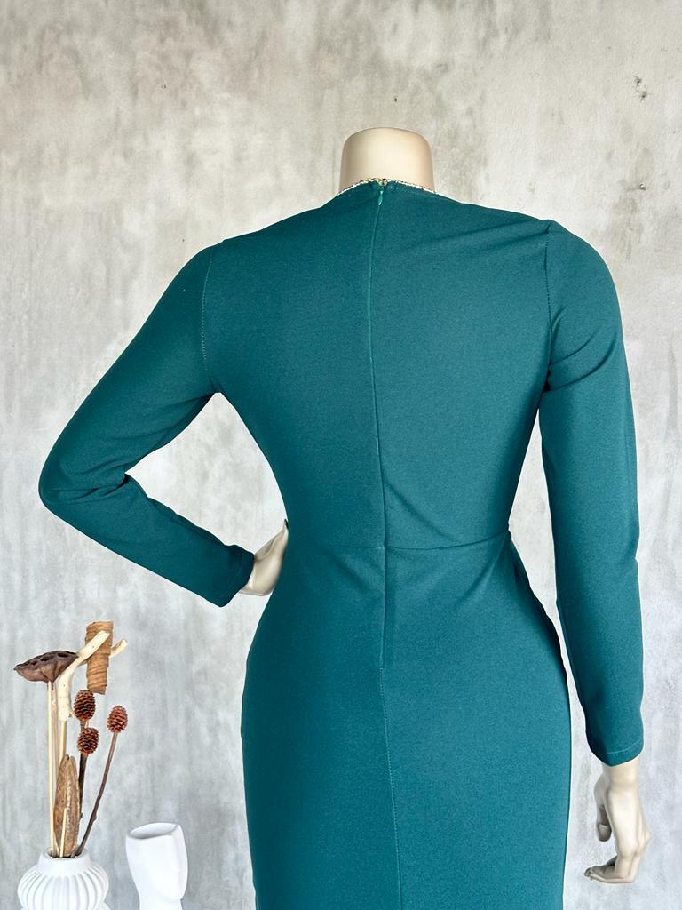 Kruvaze Yaka Ambolog Model Elbise (Zümrüt Yeşil)