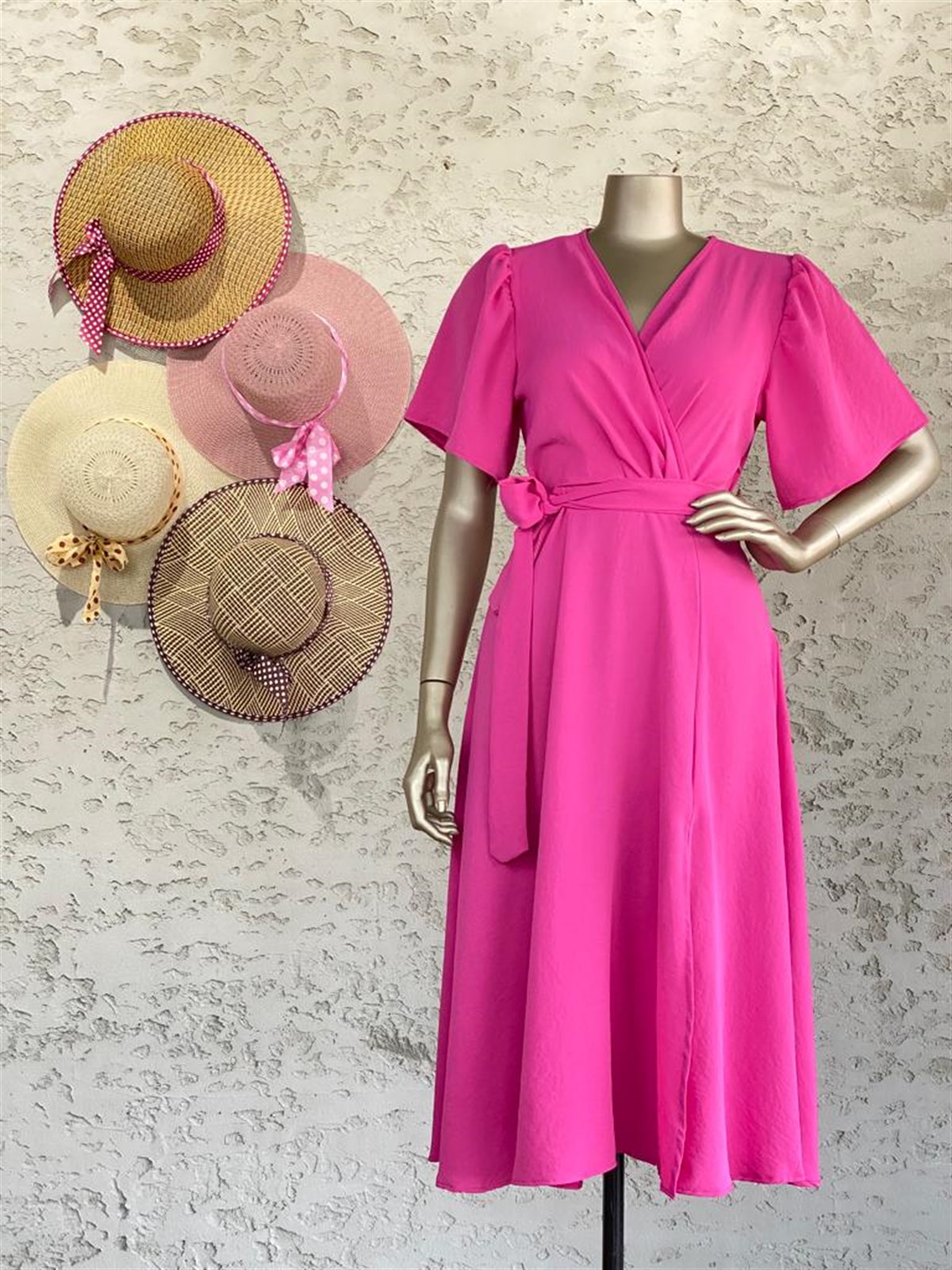 Kruvaze Yaka Midi Elbise (Pembe)