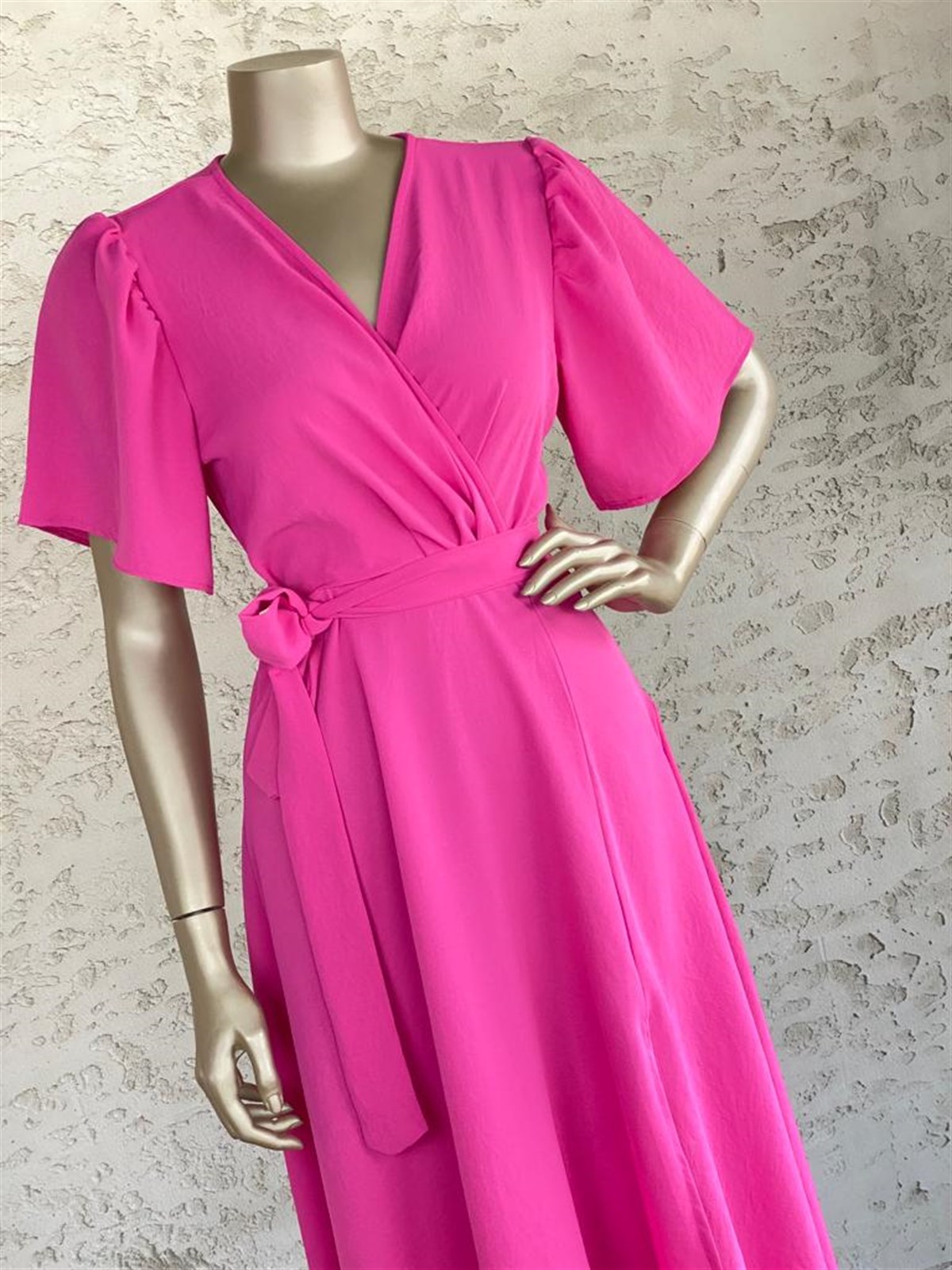 Kruvaze Yaka Midi Elbise (Pembe)