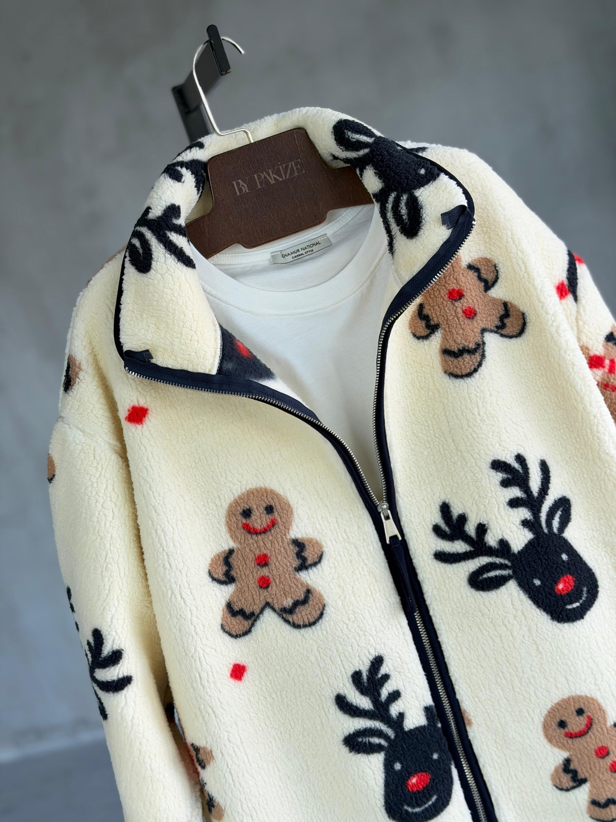 Kurabiye Desen Peluş Teddy Ceket (Krem)