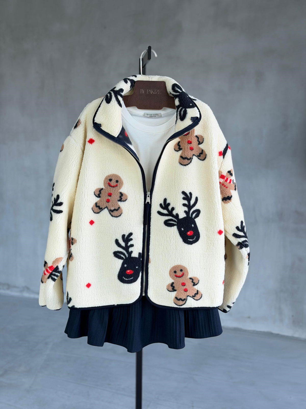 Kurabiye Desen Peluş Teddy Ceket (Krem)