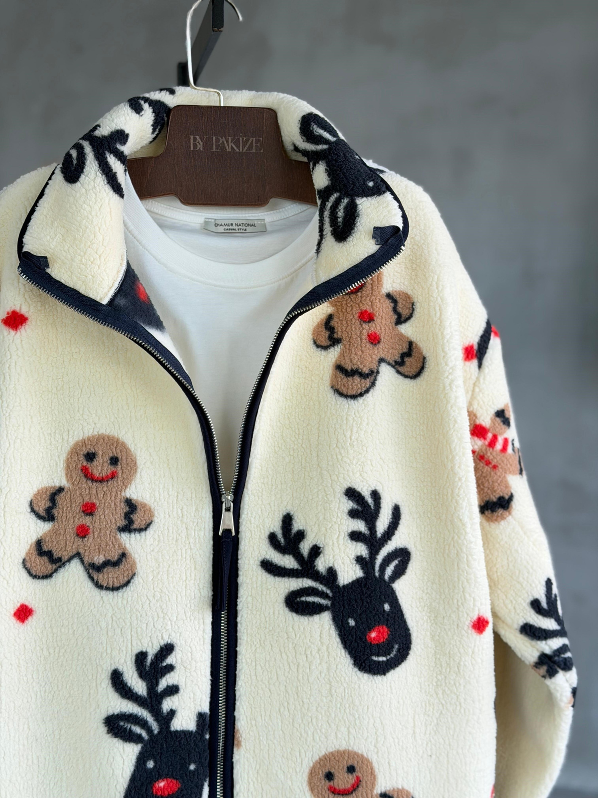 Kurabiye Desen Peluş Teddy Ceket (Krem)