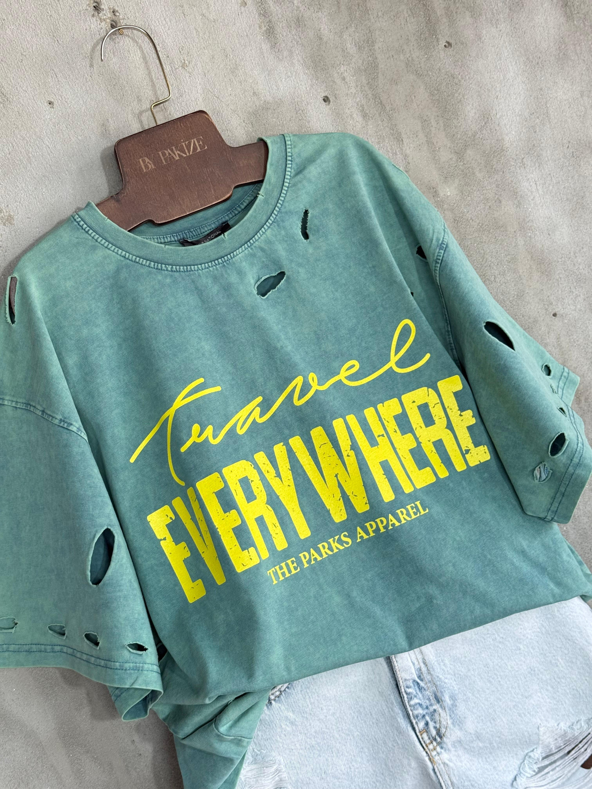 Lazer Kesikli Oversize Dokuma Tişört (Turkuaz)