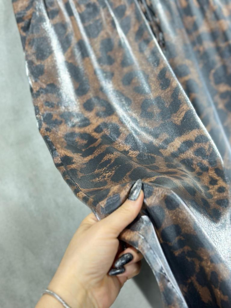 Leopar Desen Bol Paça Lurex Kumaş Pantolon (Kahve)