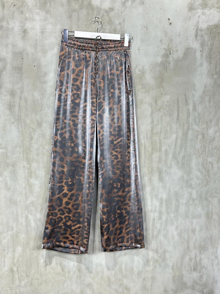 Leopar Desen Bol Paça Lurex Kumaş Pantolon (Kahve)