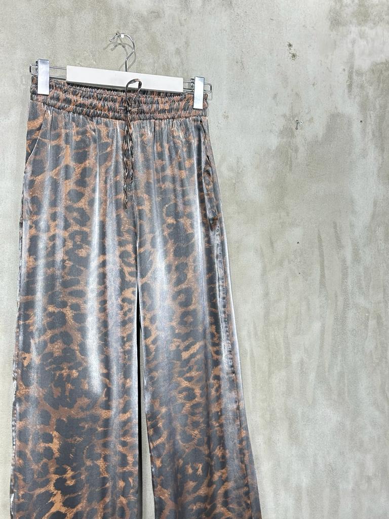 Leopar Desen Bol Paça Lurex Kumaş Pantolon (Kahve)