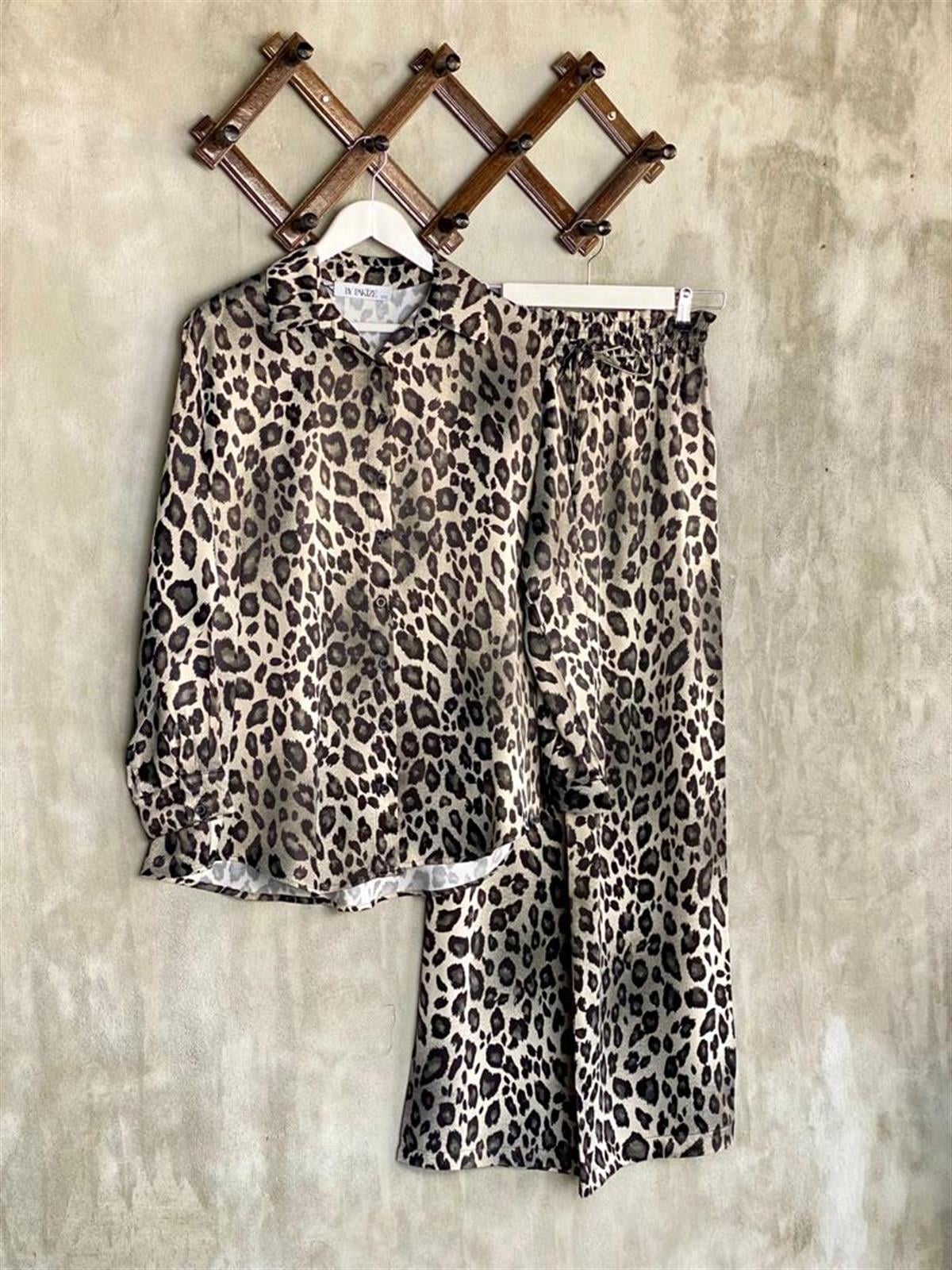 Leopar Desenli Gömlekli Saten Takım (Gri)