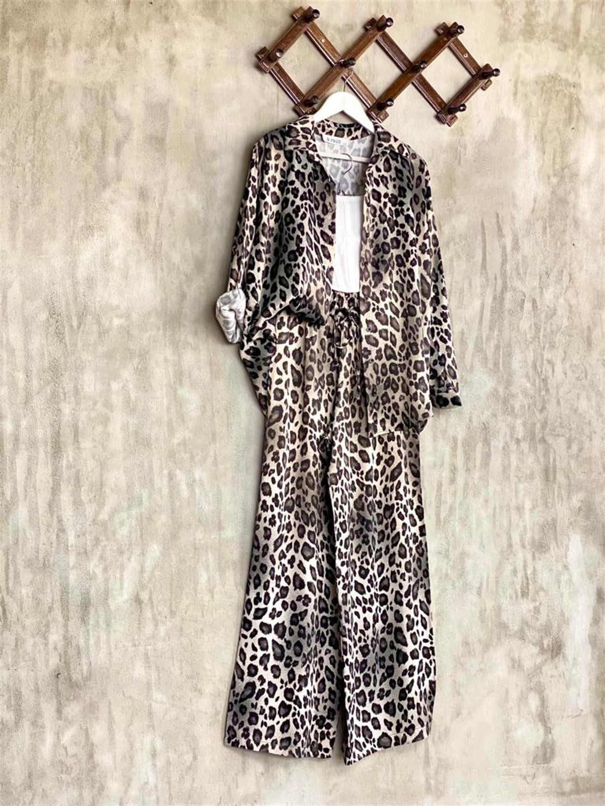 Leopar Desenli Gömlekli Saten Takım (Gri)