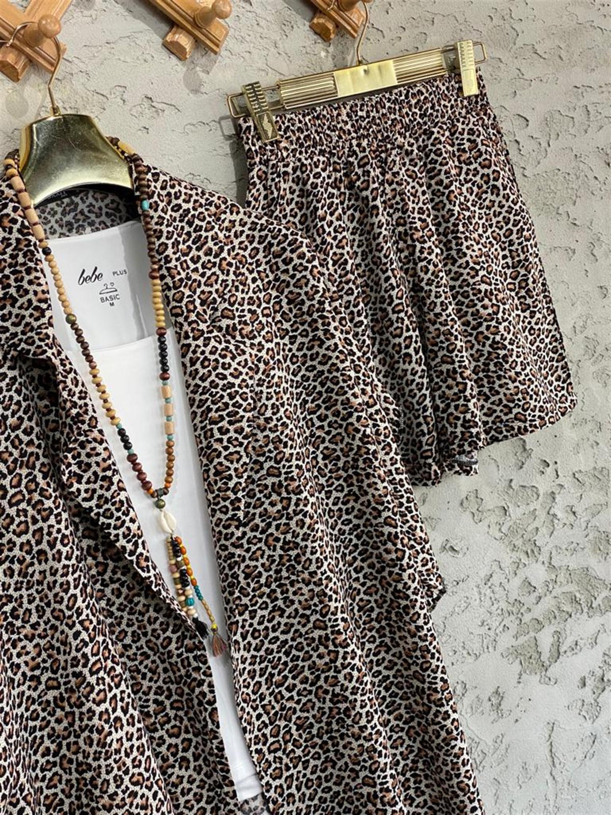 Leopar Desenli Kimono Şort Takım 