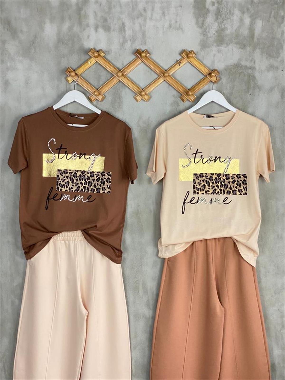 Leopar Desenli Kristal Taş İşlemeli Kadın Tişört (Kahve)