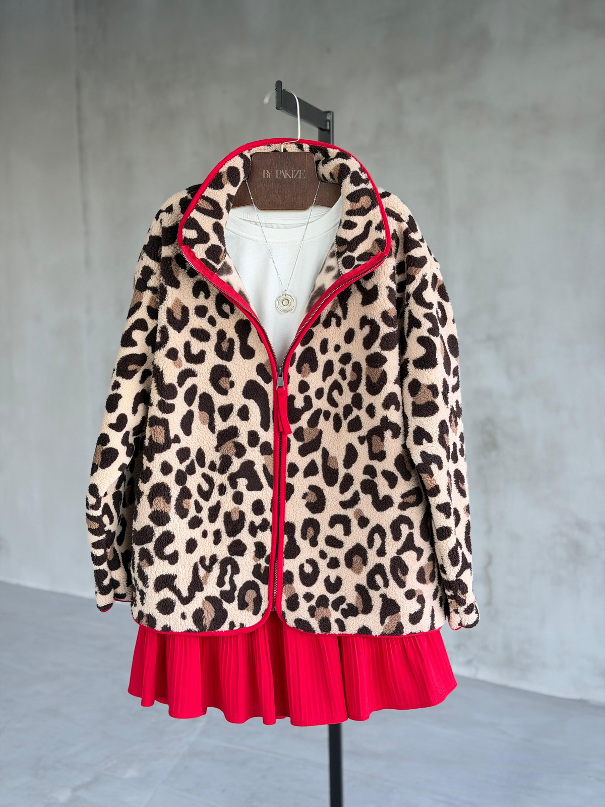 Leopar Desenli Peluş Teddy Ceket ( Kırmızı ) 