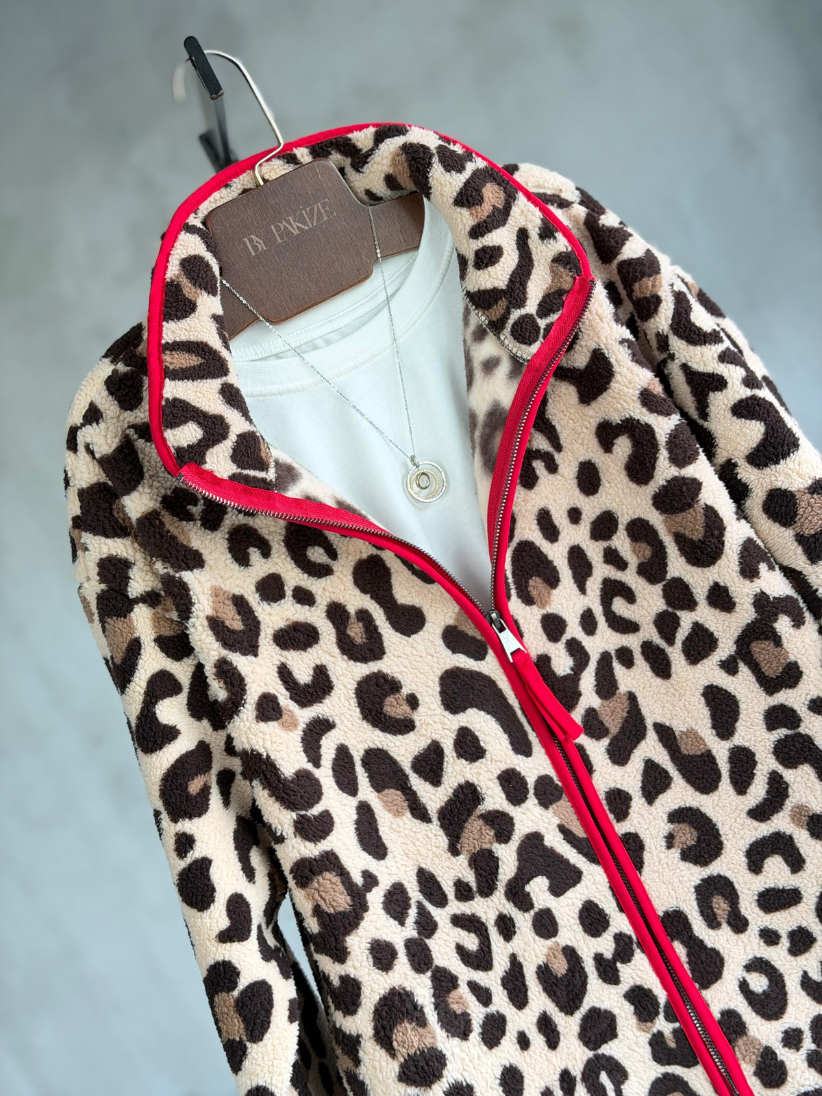 Leopar Desenli Peluş Teddy Ceket ( Kırmızı ) 