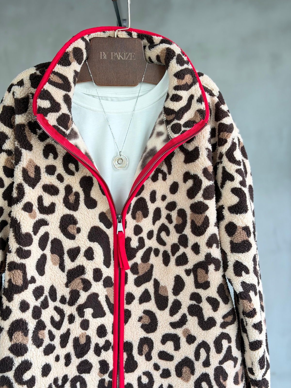 Leopar Desenli Peluş Teddy Ceket ( Kırmızı ) 