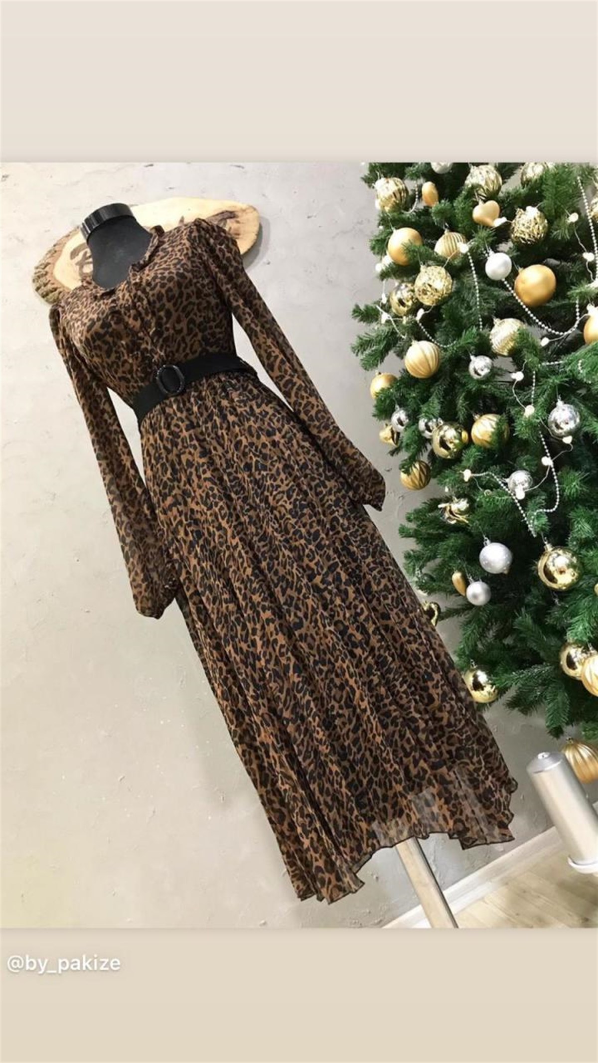 Leopar Desenli Piliseli Midi Boy Elbise