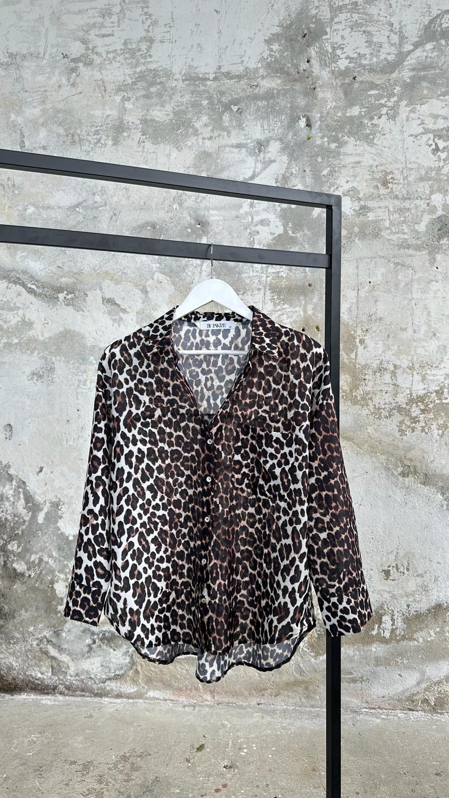 Leopar Desenli Saten Gömlek (Kahverengi)