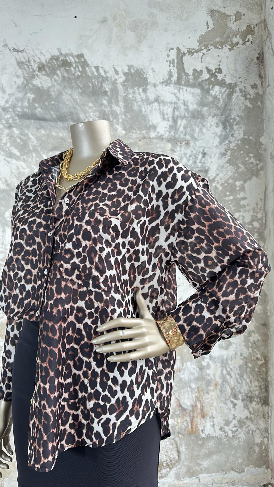 Leopar Desenli Saten Gömlek (Kahverengi)
