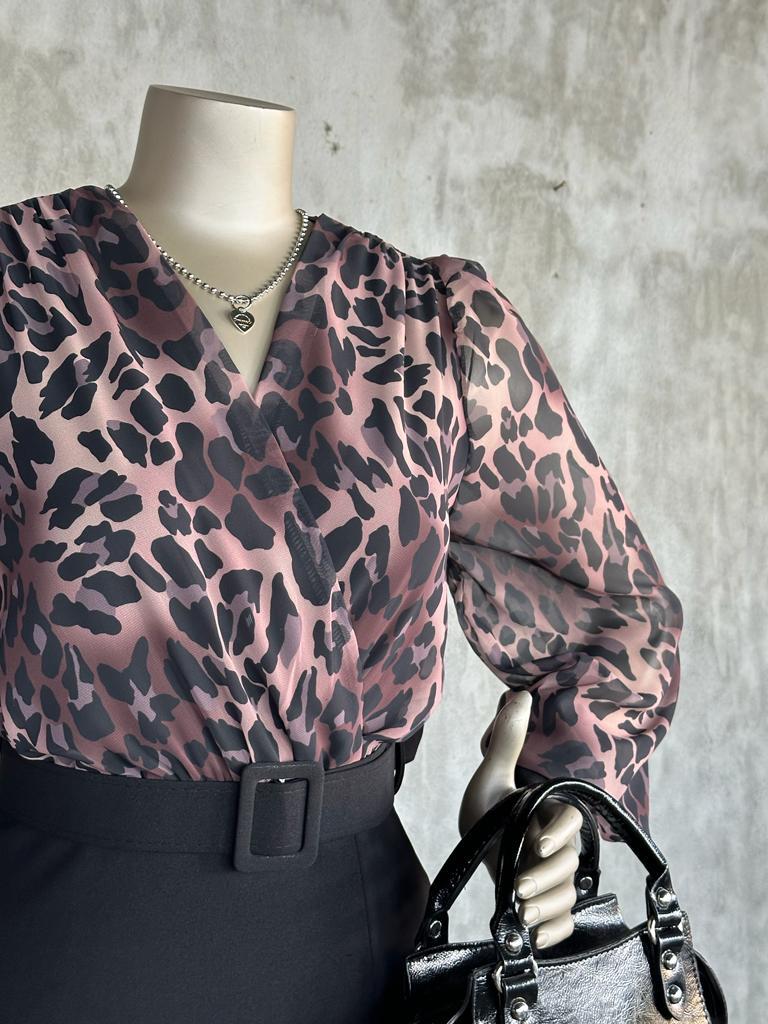 Leopar Desenli Tasarım Kadın Elbise (Siyah)