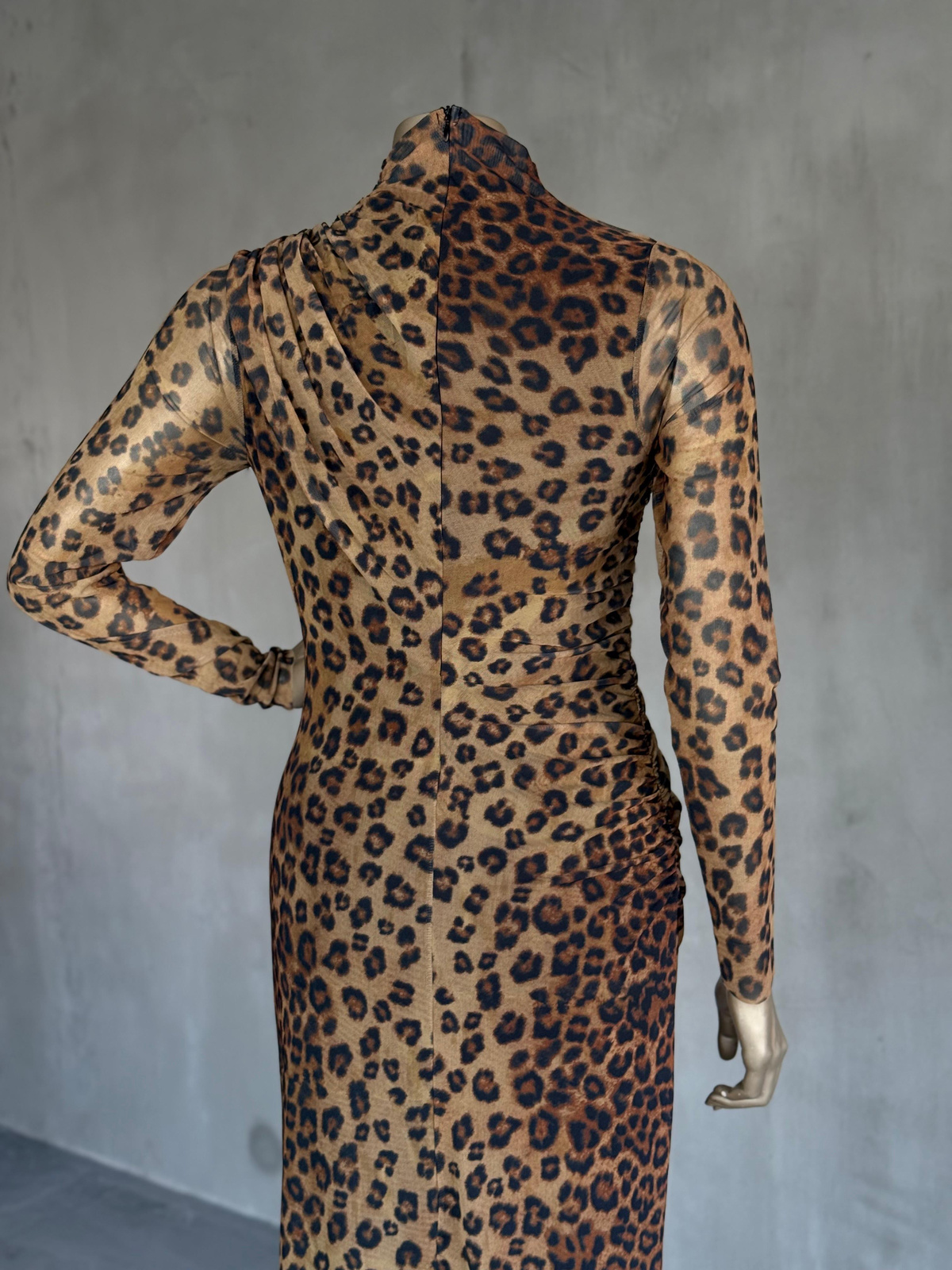 Leopar Dik Yaka Tül Drapeli Elbise (Kahve)