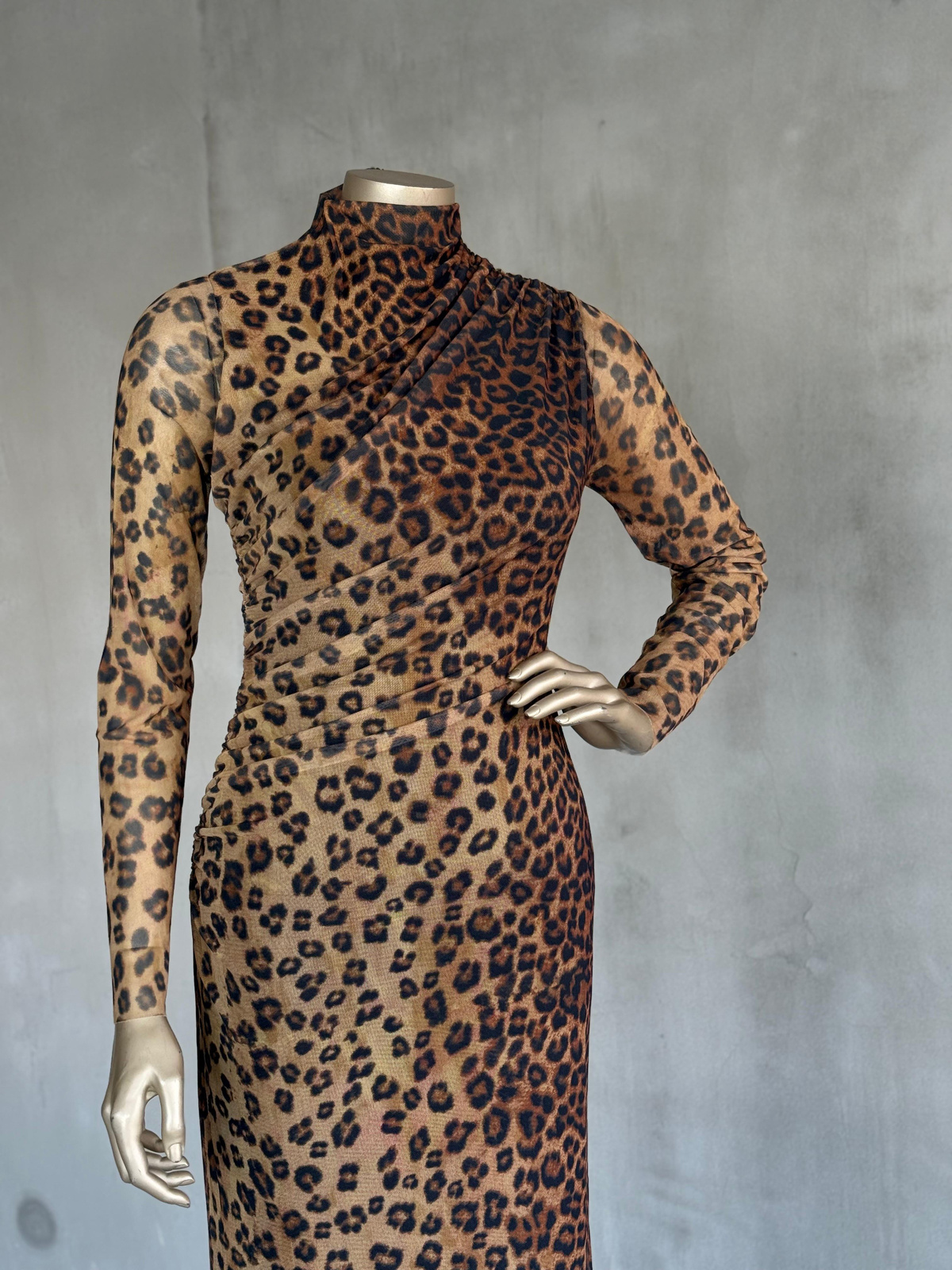 Leopar Dik Yaka Tül Drapeli Elbise (Kahve)