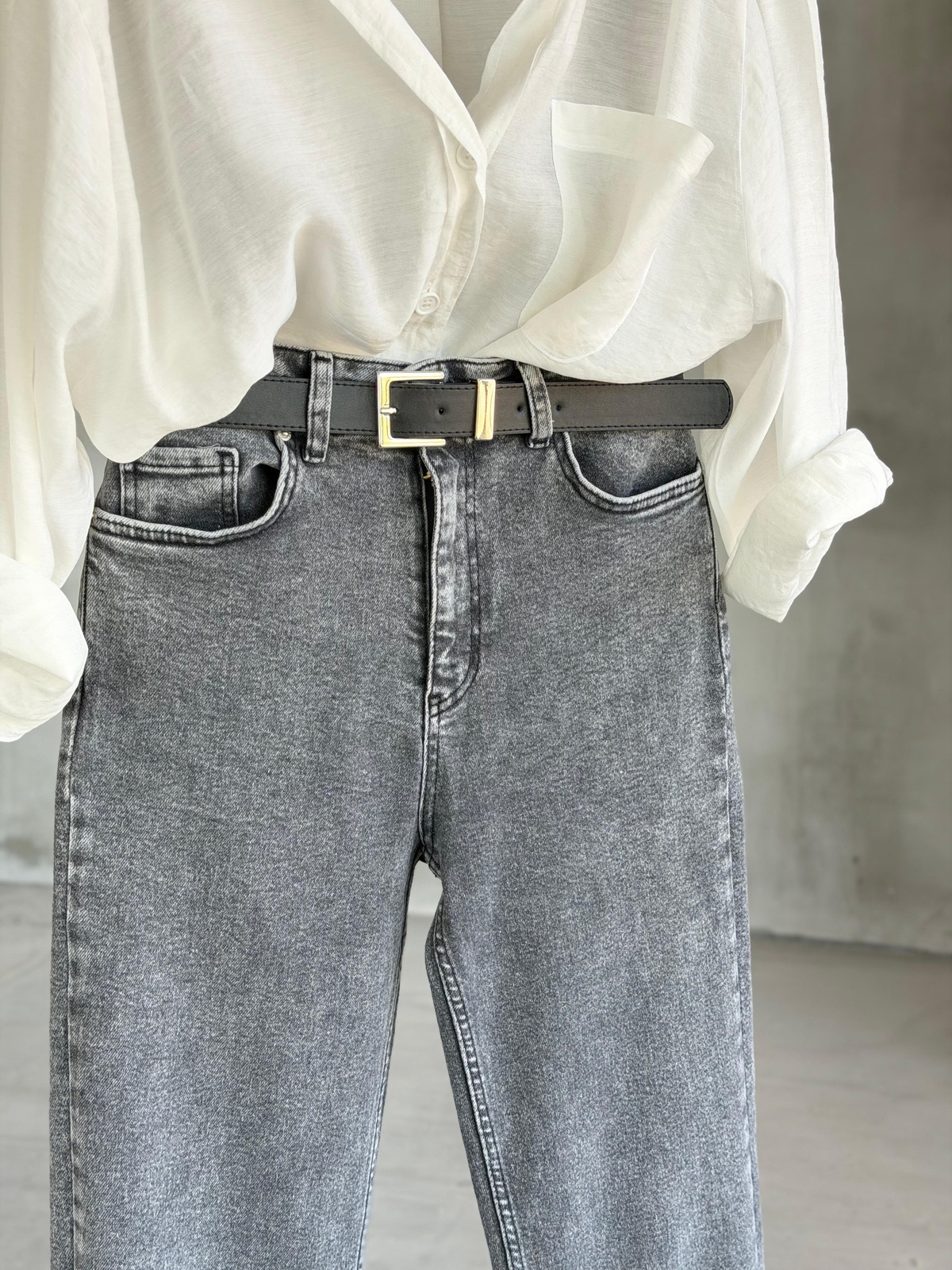 Likralı Kemerli Yüksel Bel Kot Pantolon (Antrasit)