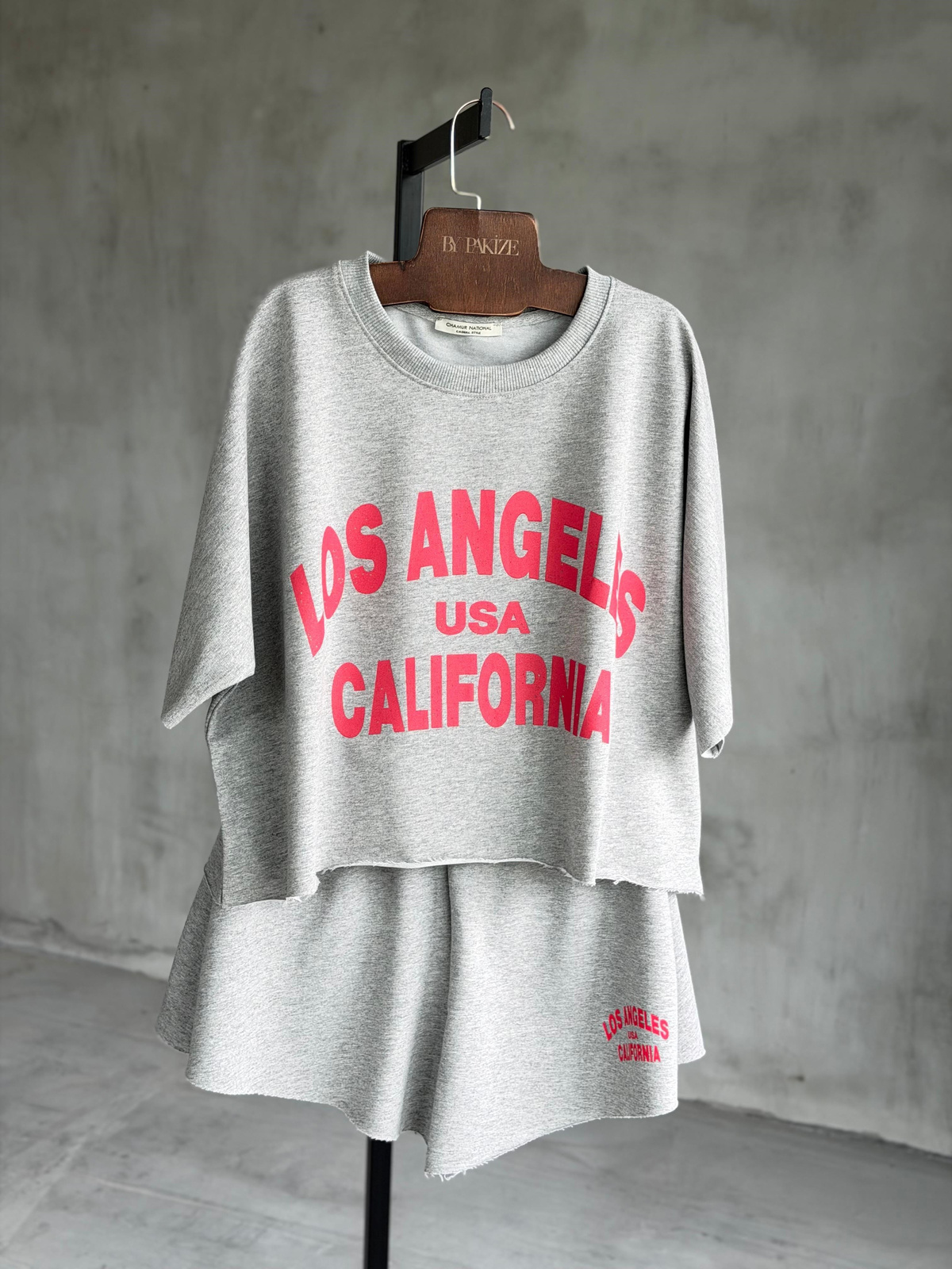 Los Angeles Yazı Baskılı Taş Yıkamalı Oversize Takım (Gri)