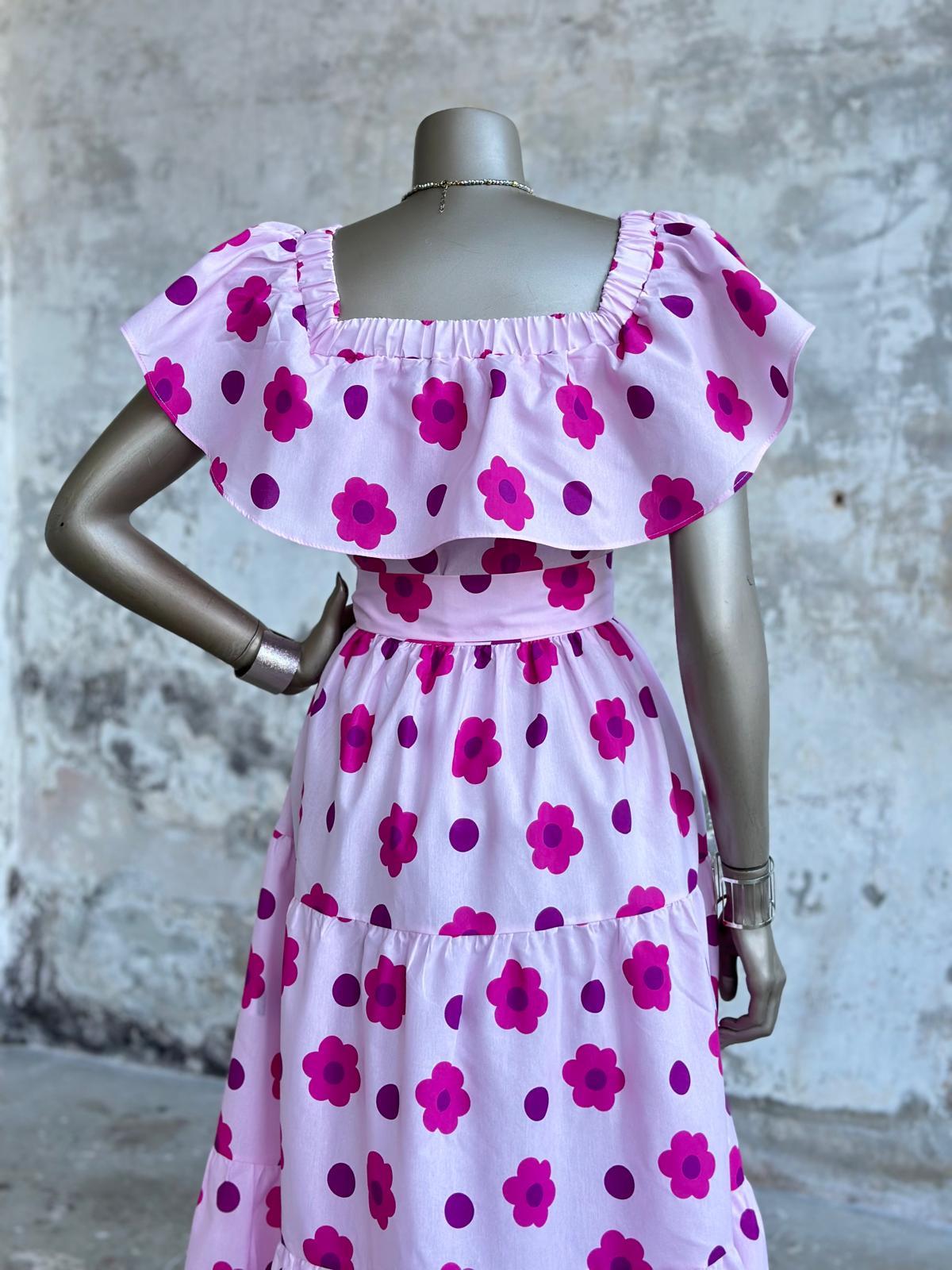 Madonna Yaka Poplin Kumaş Papatya Desenli Elbise (Pembe)